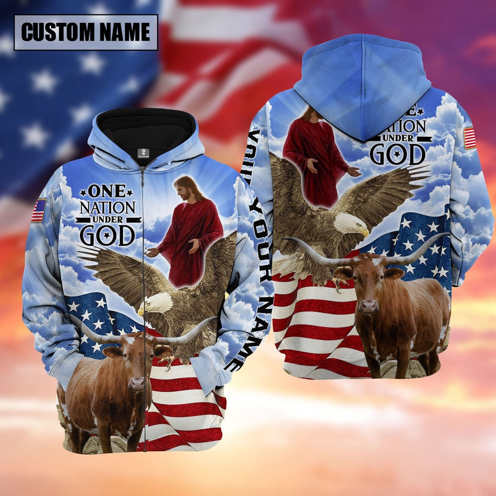Farm Texas Longhorn One Nation Under God 3D Shirts, Farmer Hoodie, Custom Farm Shirts, Farmer T Shirt