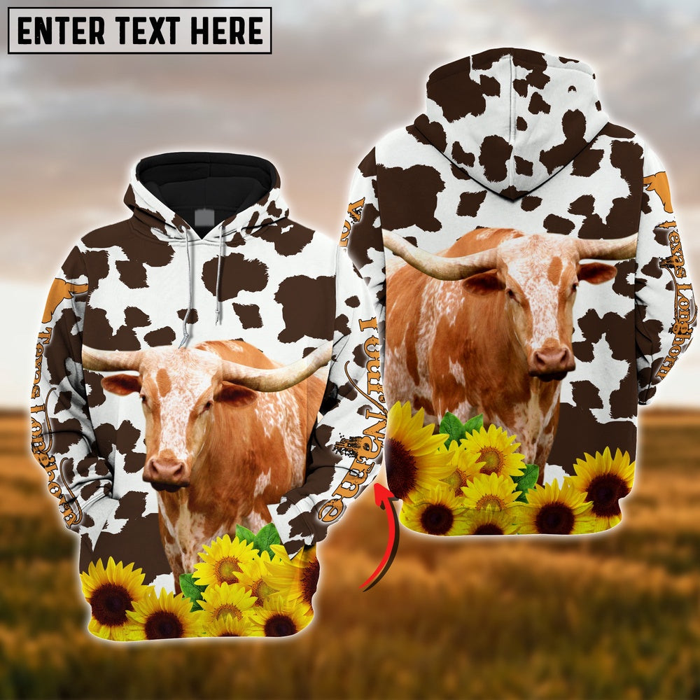 Farm Texas Longhorn Sunflower Pattern Customize Name 3D Shirts, Farmer Hoodie, Custom Farm Shirts, Farmer T Shirt