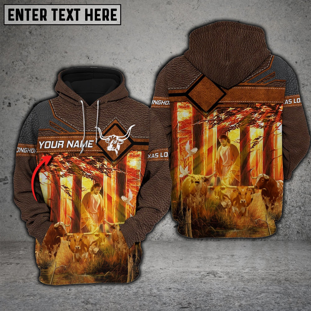 Farm Texas Longhorn Walking God America Custom Name 3D Shirts, Farmer Hoodie, Custom Farm Shirts, Farmer T Shirt