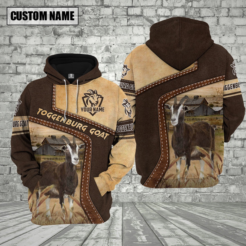 Farm Toggenburg Goat Brown Leather Pattern Custom Name 3D Shirts, Farmer Hoodie, Custom Farm Shirts, Farmer T Shirt