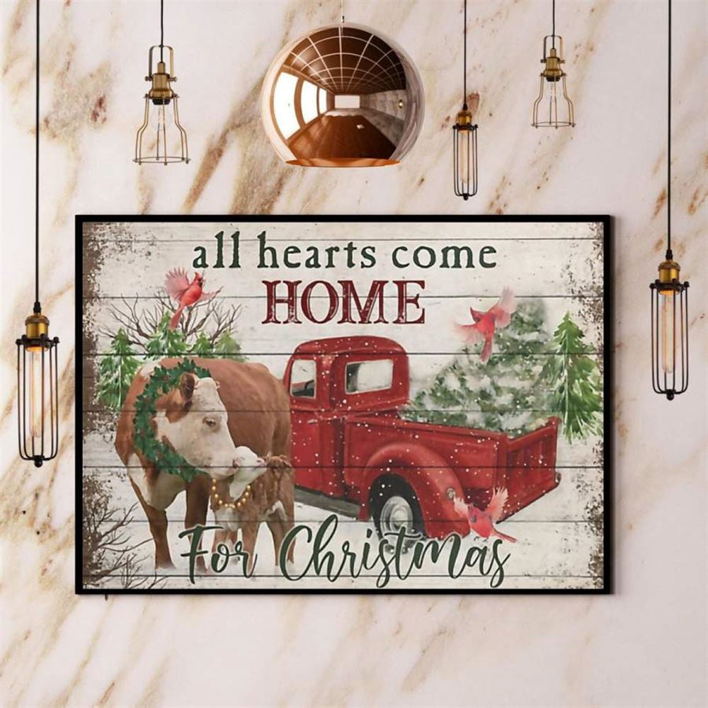 Farmer Cow All Hearts Come Home For Christmas Canvas, Farm Canvas, Farm Gift, Farm Home Decor