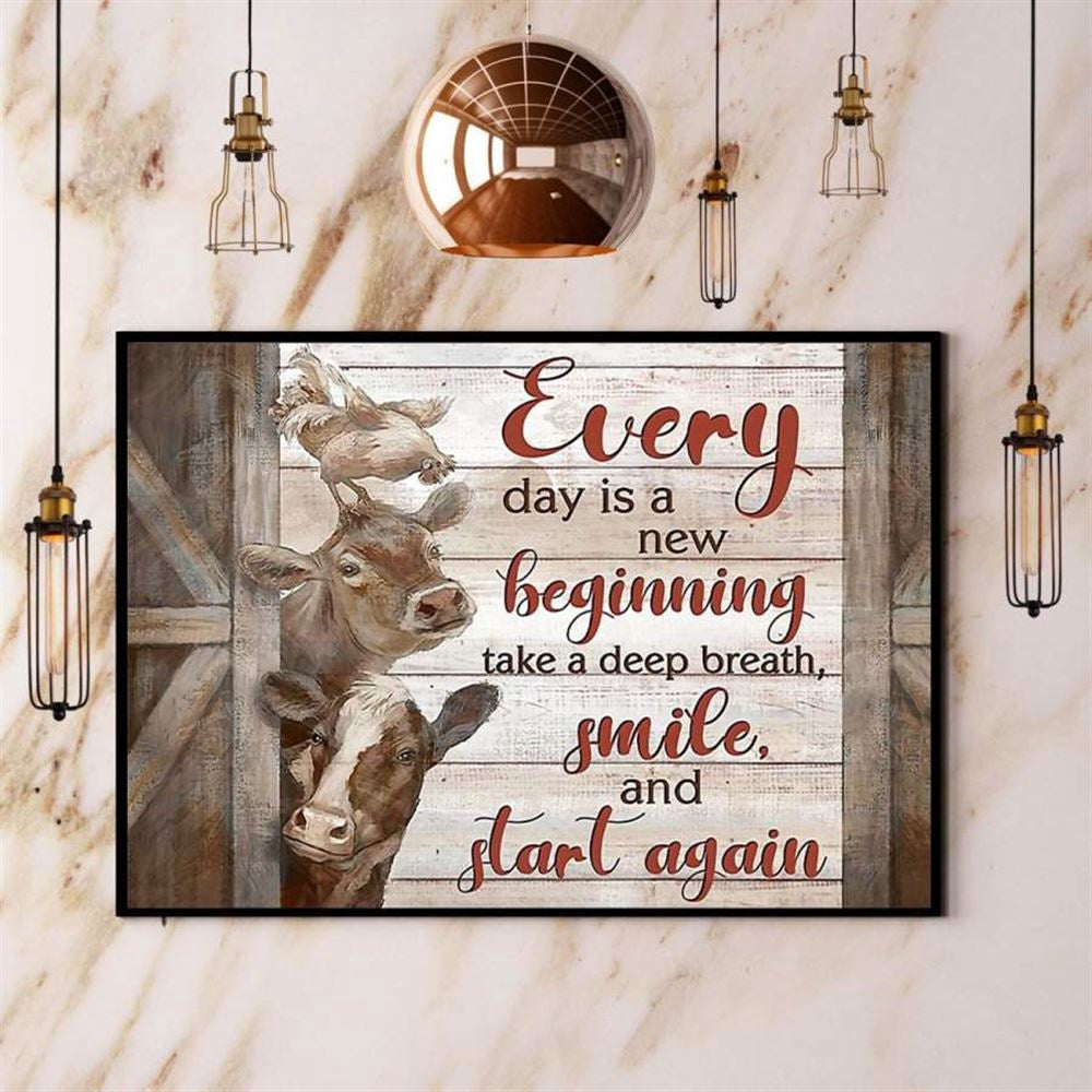 Farmer Cow And Chicken Every Day Is A New Beginning Canvas, Farm Canvas, Farm Gift, Farm Home Decor