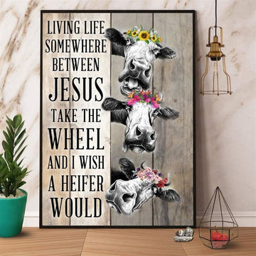 Farmer Cow Living Life Somewhere Between Jesus Canvas, Farm Canvas, Farm Art Decor