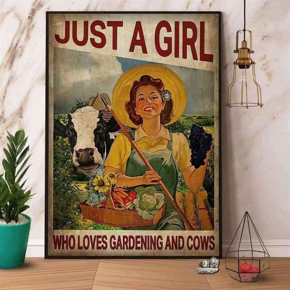 Farmer Just A Girl Who Loves Gardening And Cows Canvas, Farm Canvas, Farm Art Decor