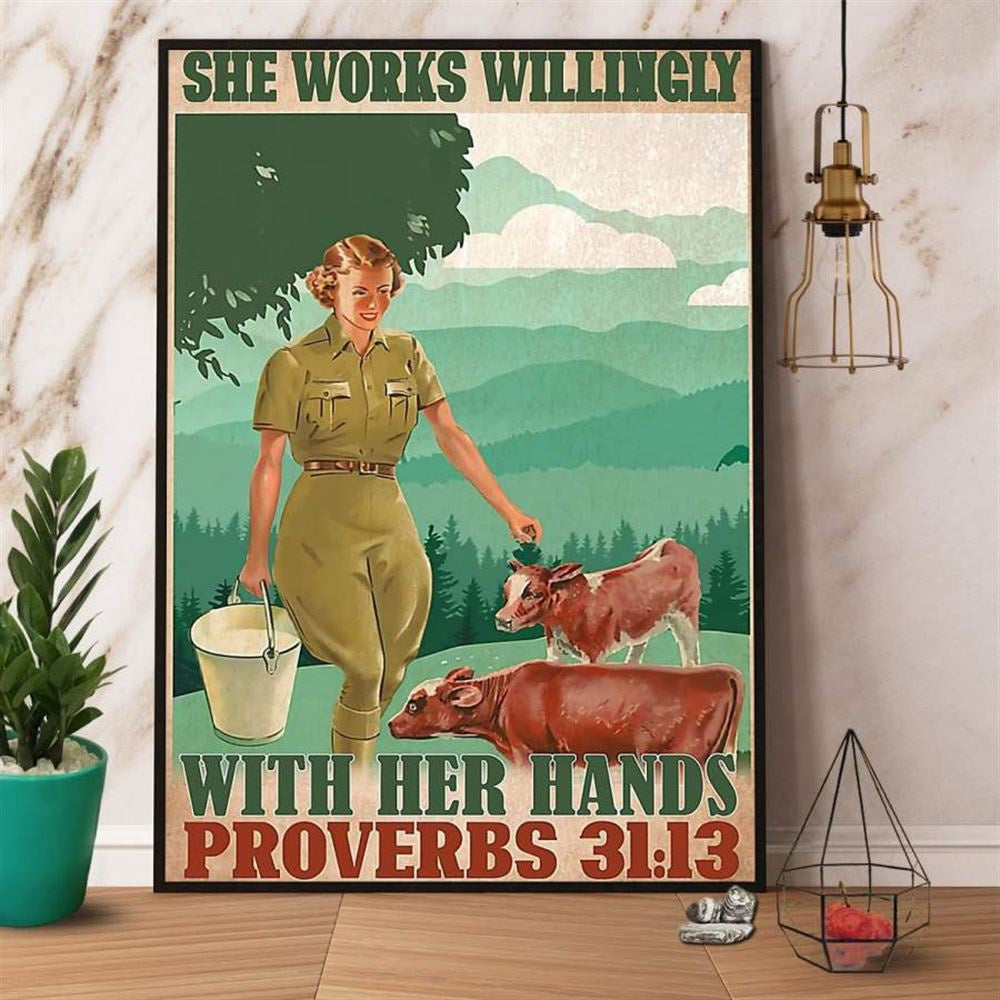 Farmer She Works Willingly With Her Hands Girl And Cows Canvas, Farm Canvas, Farm Art Decor