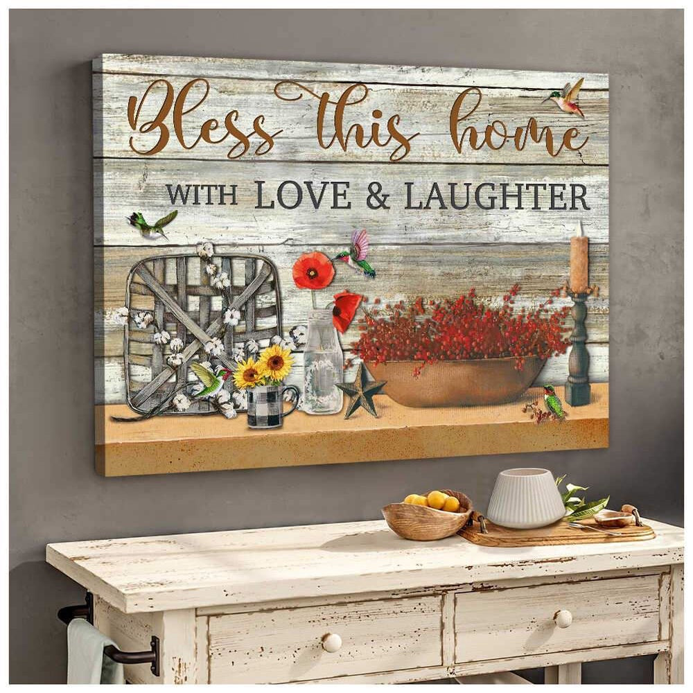 Farmhouse Decor And Hummingbirds On Vintage Rustic Wood Bless This Home With Love And Laughter Canvas, Farmhouse Canvas, Farm Gift, Farm Home Decor