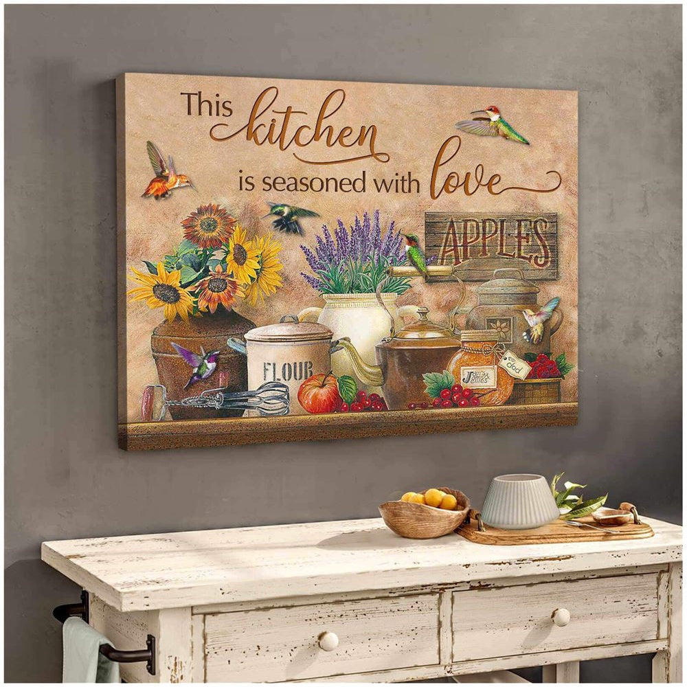 Farmhouse Kitchen And Hummingbird This Kitchen Is Seasoned With Love Canvas, Farmhouse Canvas, Farm Gift, Farm Home Decor