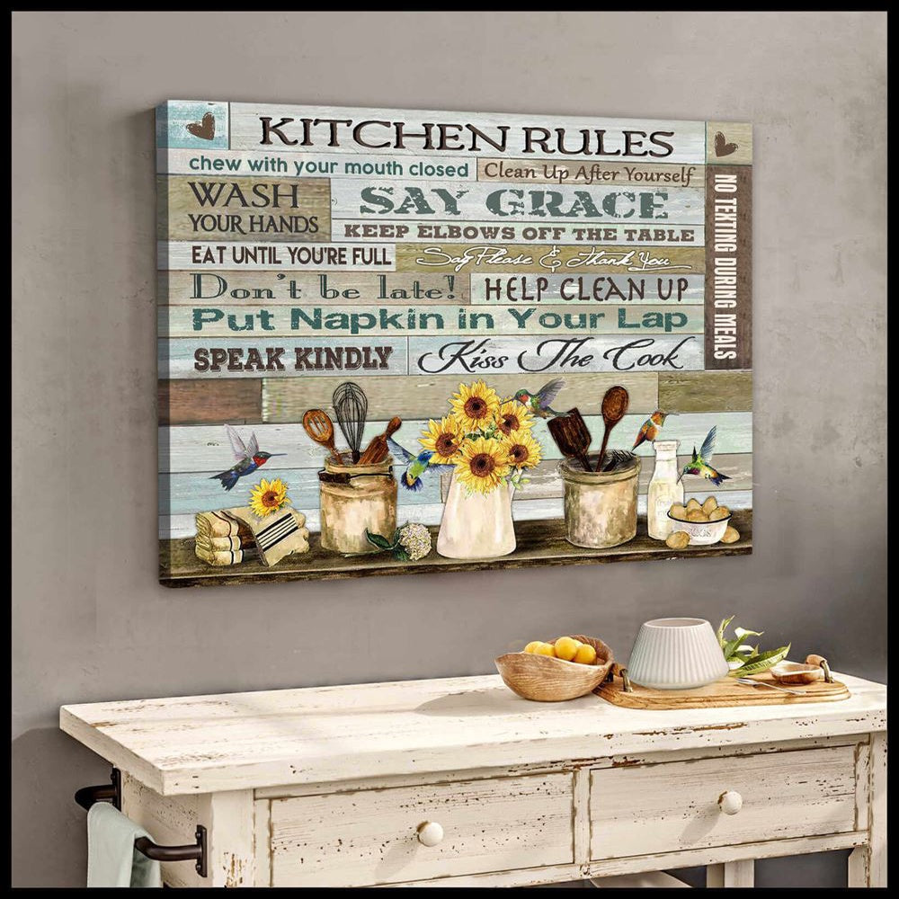 Farmhouse Kitchen And Hummingbirds Canvas Kitchen Rules Canvas, Farmhouse Canvas, Farm Gift, Farm Home Decor