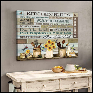 Farmhouse Kitchen And Hummingbirds Canvas Kitchen Rules Canvas, Farmhouse Canvas, Farm Gift, Farm Home Decor