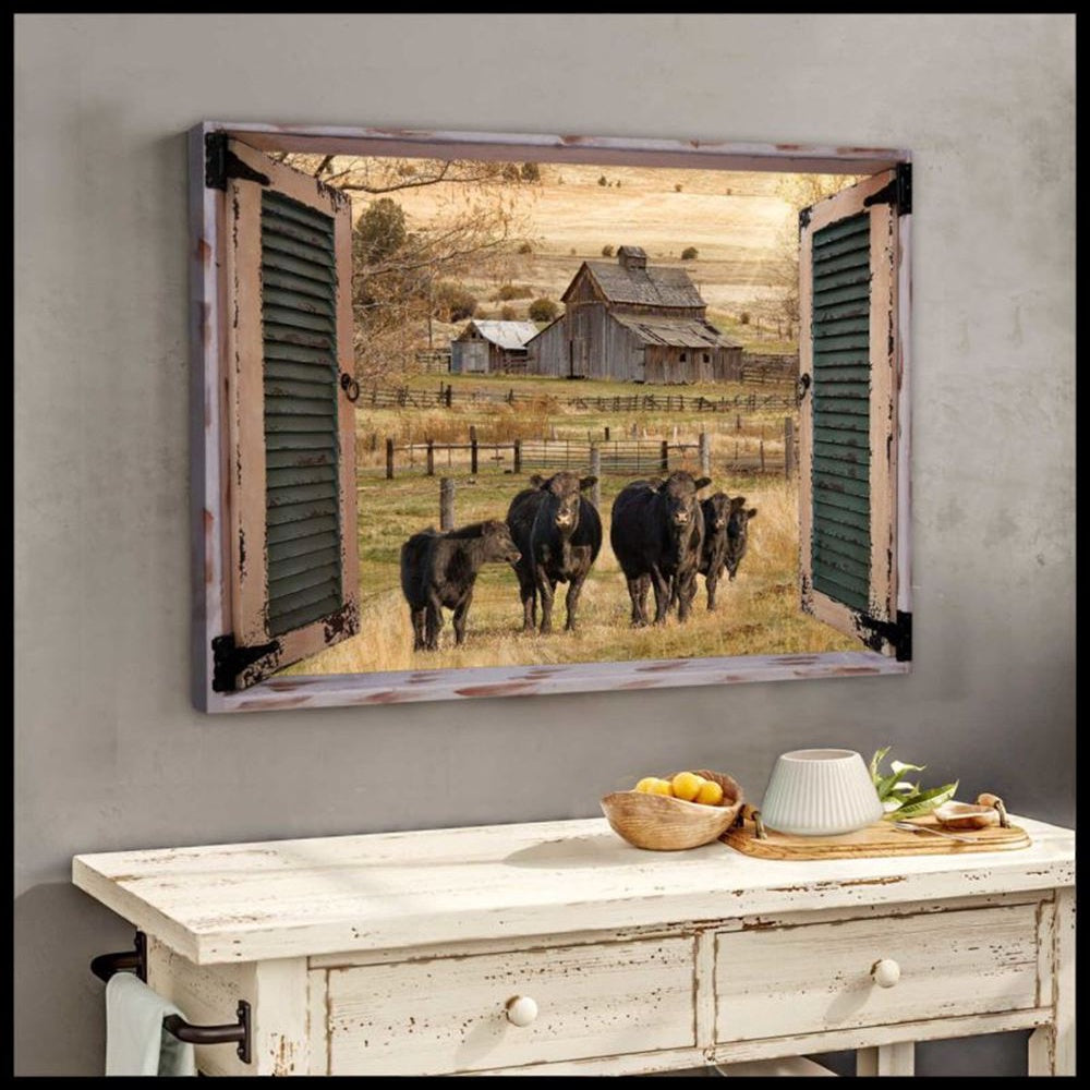 Farmhouse Window Barn With Angus Cow Canvas Wall Art, Canvas, Canvas Wall Decor, Farmhouse Canvas, Farm Gift, Farm Home Decor