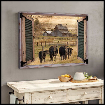 Farmhouse Window Barn With Angus Cow Canvas Wall Art, Canvas, Canvas Wall Decor, Farmhouse Canvas, Farm Gift, Farm Home Decor