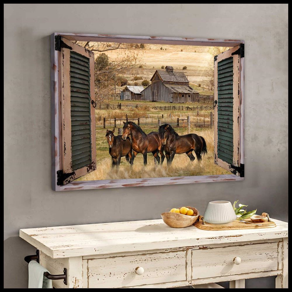 Farmhouse Window Barn With Horses Canvas, Farmhouse Canvas, Farm Gift, Farm Home Decor