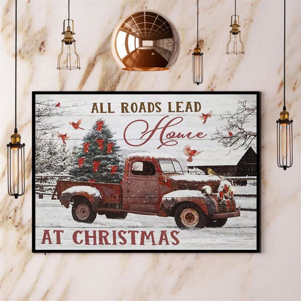 Farming Cardinal All Roads Lead House At Christmas Red Truck Canvas, Farm Canvas, Farm Gift, Farm Home Decor