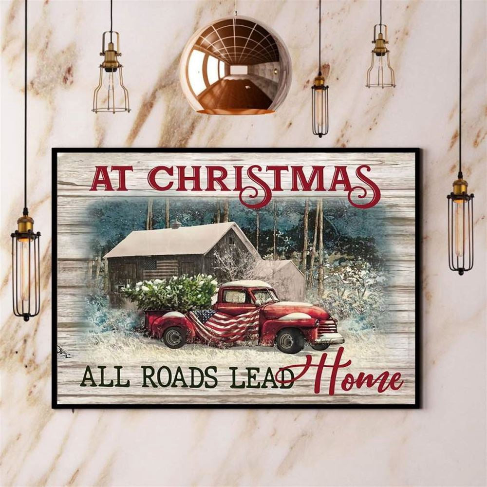 Farming Christmas All Roads Lead Home Red Truck Canvas, Farm Canvas, Farm Gift, Farm Home Decor
