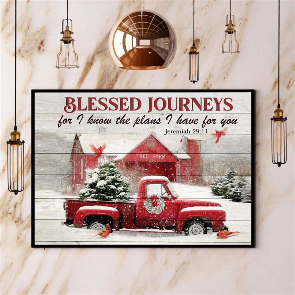 Farming Red Truck Barn Cardinal Blessed Journeys Merry Christmas Canvas, Farm Canvas, Farm Gift, Farm Home Decor