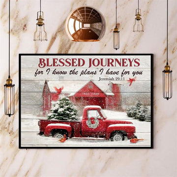 Farming Red Truck Barn Cardinal Blessed Journeys Merry Christmas Canvas, Farm Canvas, Farm Gift, Farm Home Decor