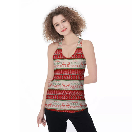 Festive Christmas Knitted Print Pattern Women's Racerback Tank Top, Christmas Tank Top, Women Christmas Clothing