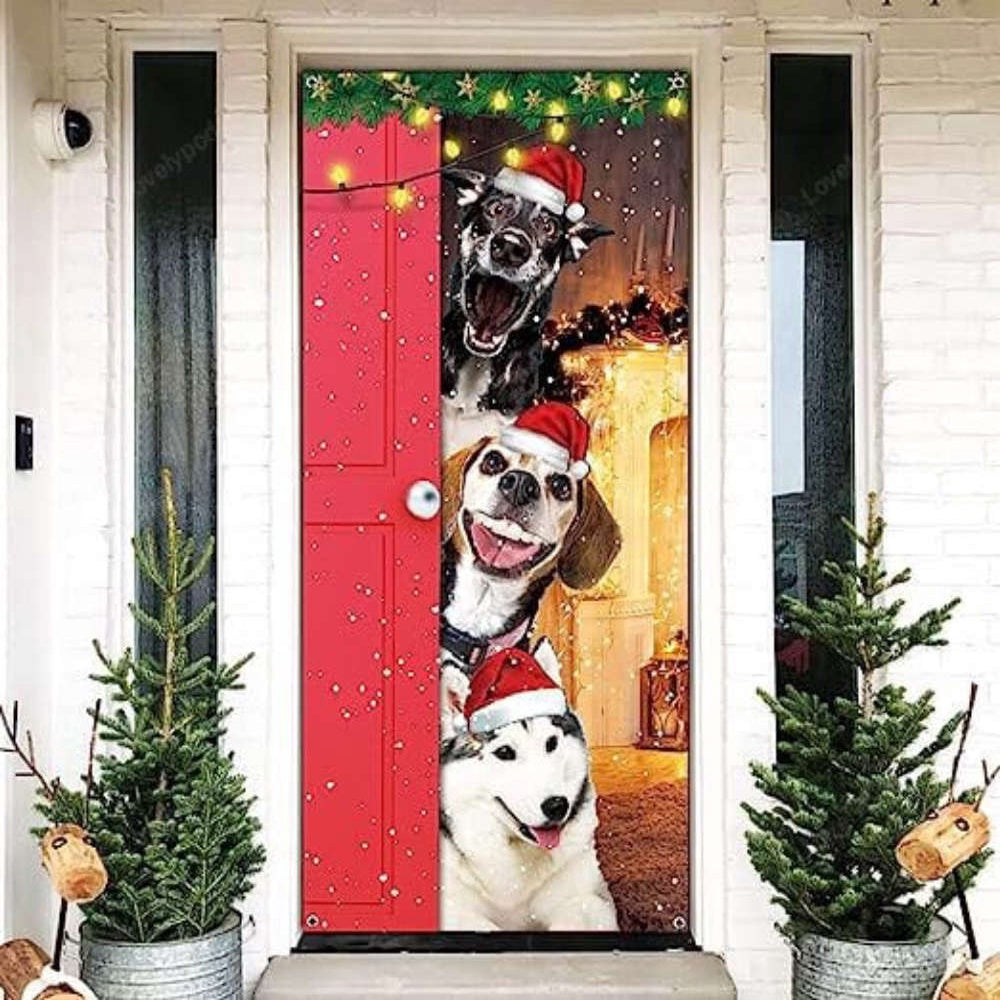 Festive Santa Dogs Merry Christmas Door Cover, Xmas Party Supplies, Christmas Gift Decor