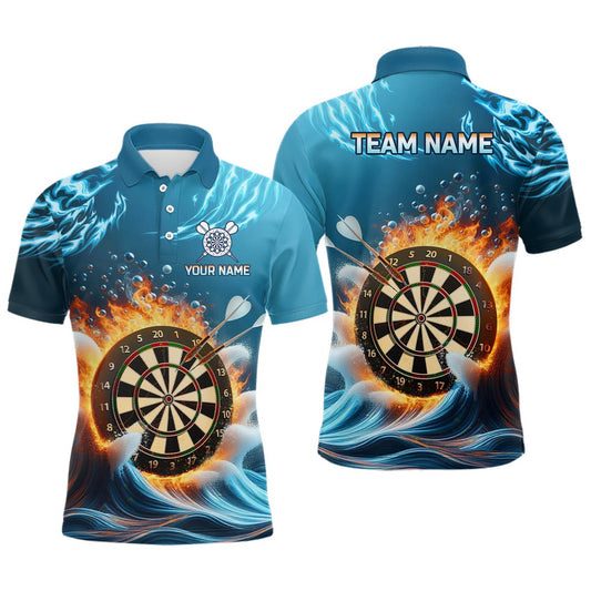 Fire And Water Blue Mens Darts Polo Shirt Custom Darts Shirt For Men Dart Team Polo, Darts Team Polo Shirt