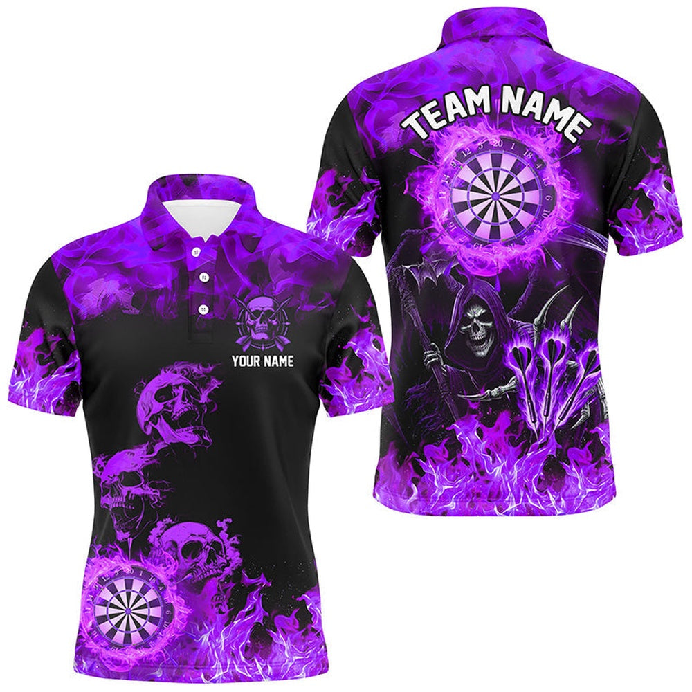 Fire Flame Darts Board Custom Skull Dart Shirts For Men, Death Skeleton Scary Dart Polo Purple, Darts Team Polo Shirt