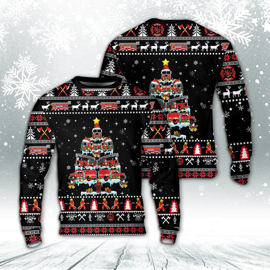 Fire Truck Christmas Tree Sweater, Christmas Ugly Sweater, Sweater Xmas, Ugly Sweater