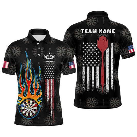 Flame Darts American Flag Mens Darts Polo Shirt Custom Patriotic Dart Polo For Men, Darts Team Polo Shirt