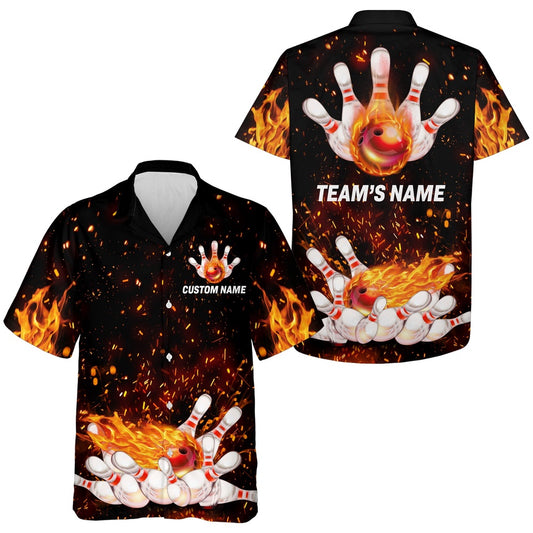Flame Hawaiian Bowling Shirt, Personalized Team Bowlers Hawaiian Short Sleeve Button Down Fire Bowlin, Bowling Team Hawaiian