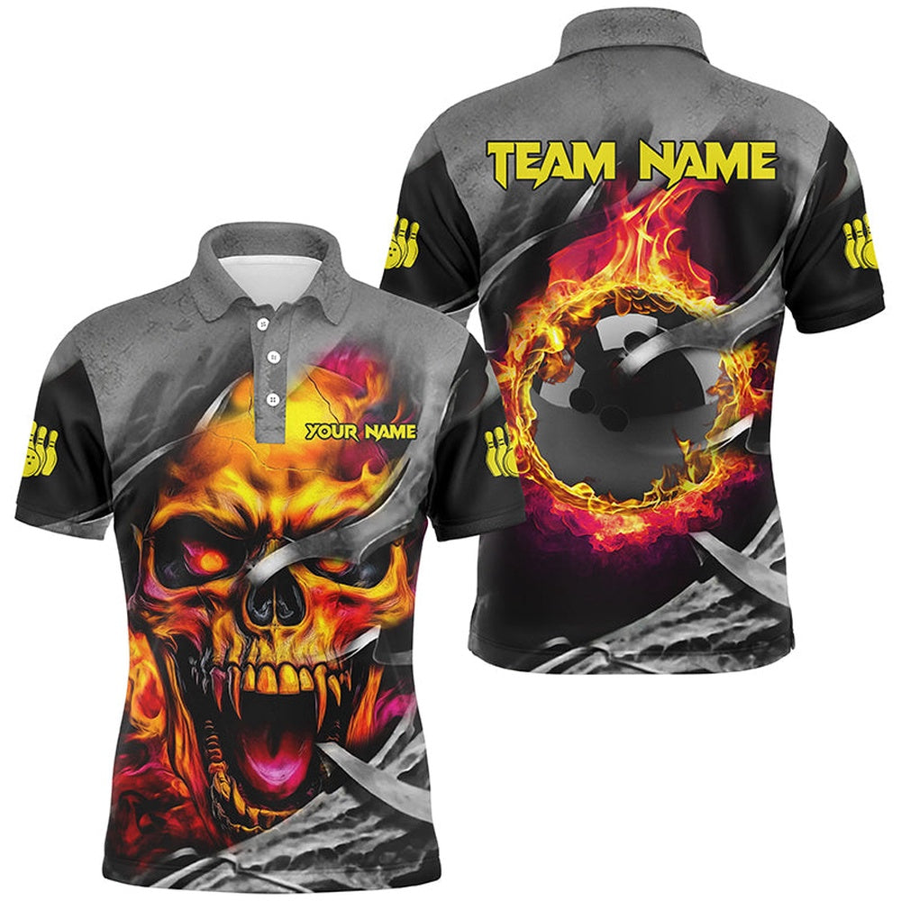 Flame Skull Bowling Shirts For Men Custom Halloween Bowling Team Polo, Bowling Gifts For Him, Bowling Team Shirts