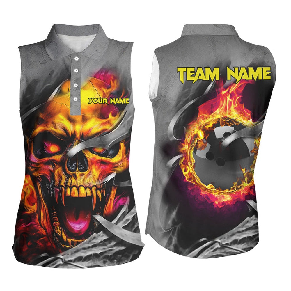 Flame Skull Bowling Sleeveless Polo Shirts Custom Halloween Bowling Team Polo, Bowling Gift For Her, Women Bowling Shirts