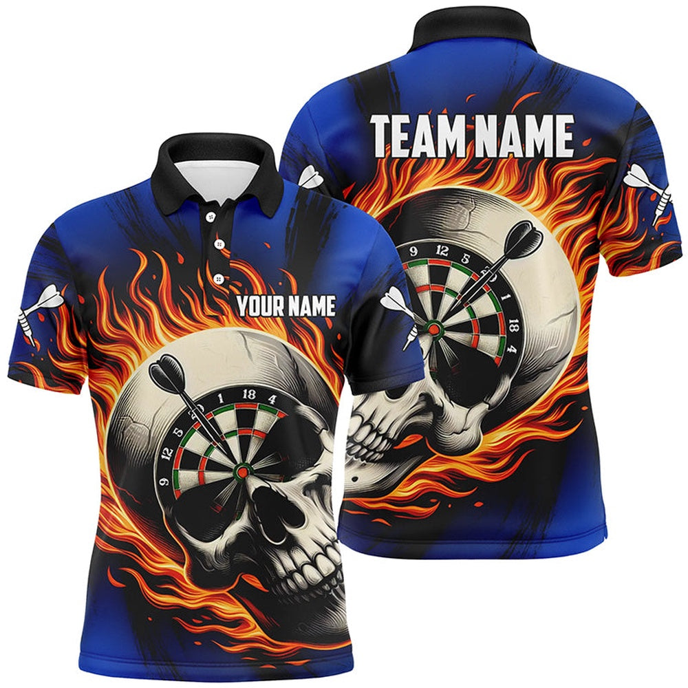 Flaming Dart Skull Darts Polo Shirts For Men Customized Darts Shirts For Team Dart Polo Blue, Darts Team Polo Shirt
