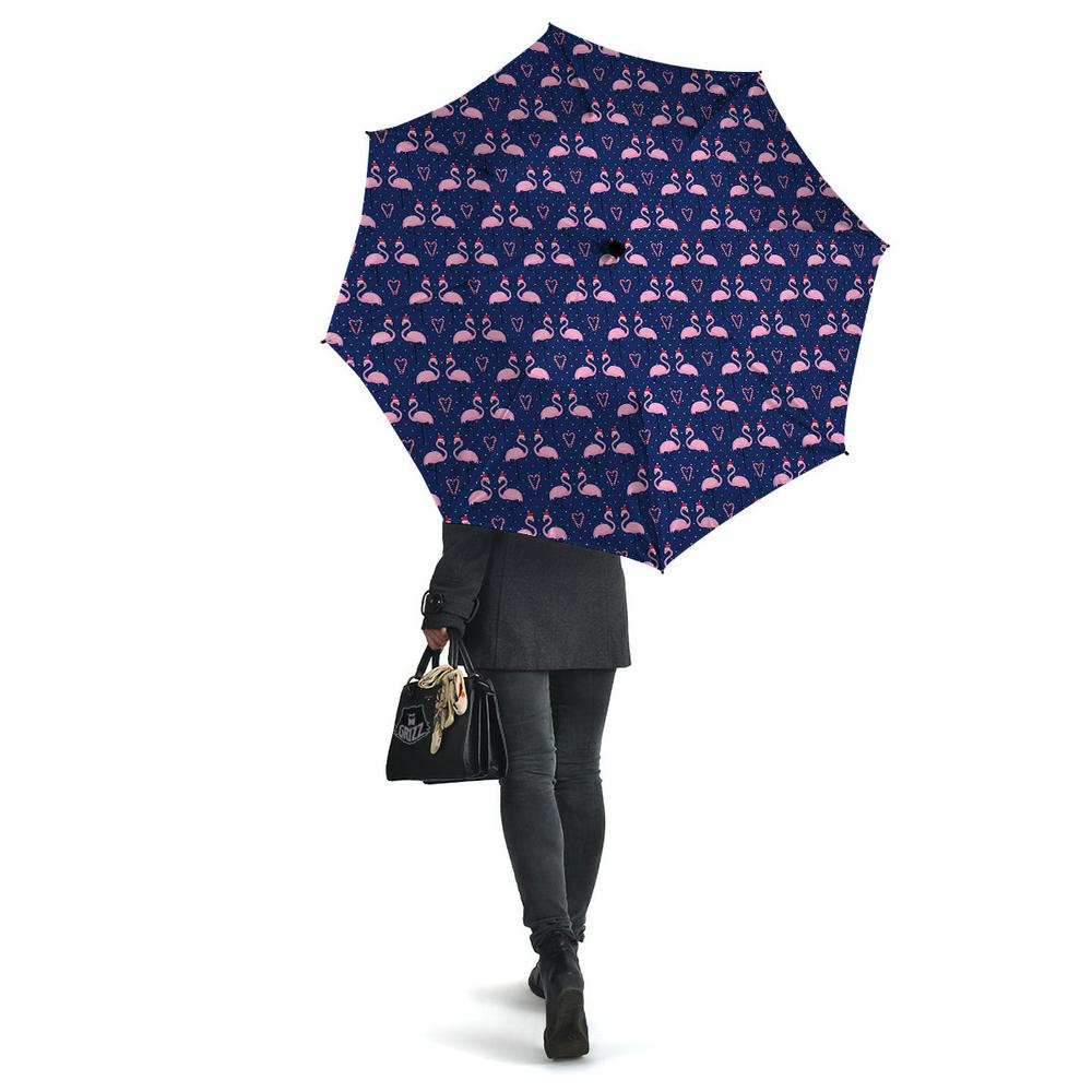 Flamingo Christmas Snowy Print Pattern Umbrella, Christmas Umbrella, Xmas Umbrella