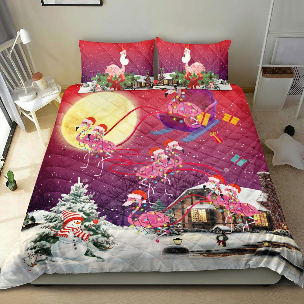 Flamingo Merrymas Xmas Night Winter Snow Bedding Set, Christmas Beddings, Xmas Bedding Sets