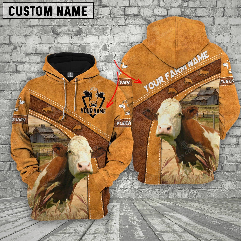 Fleckvieh 3D Customized Name Farm Name Hoodie, Farmer Hoodie, Custom Farm Shirts, Farmer T Shirt
