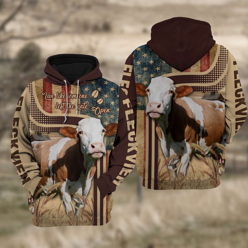 Fleckvieh Cattle 3D American Flag Quotation Hoodie, Farmer Hoodie, Farm Themed Shirts, Farm Tee Shirts