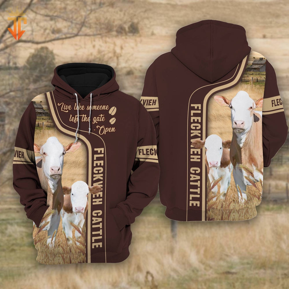Fleckvieh Cattle Live Like Someone left the gate open Shirts, Farmer Hoodie, Farm Themed Shirts, Farm Tee Shirts