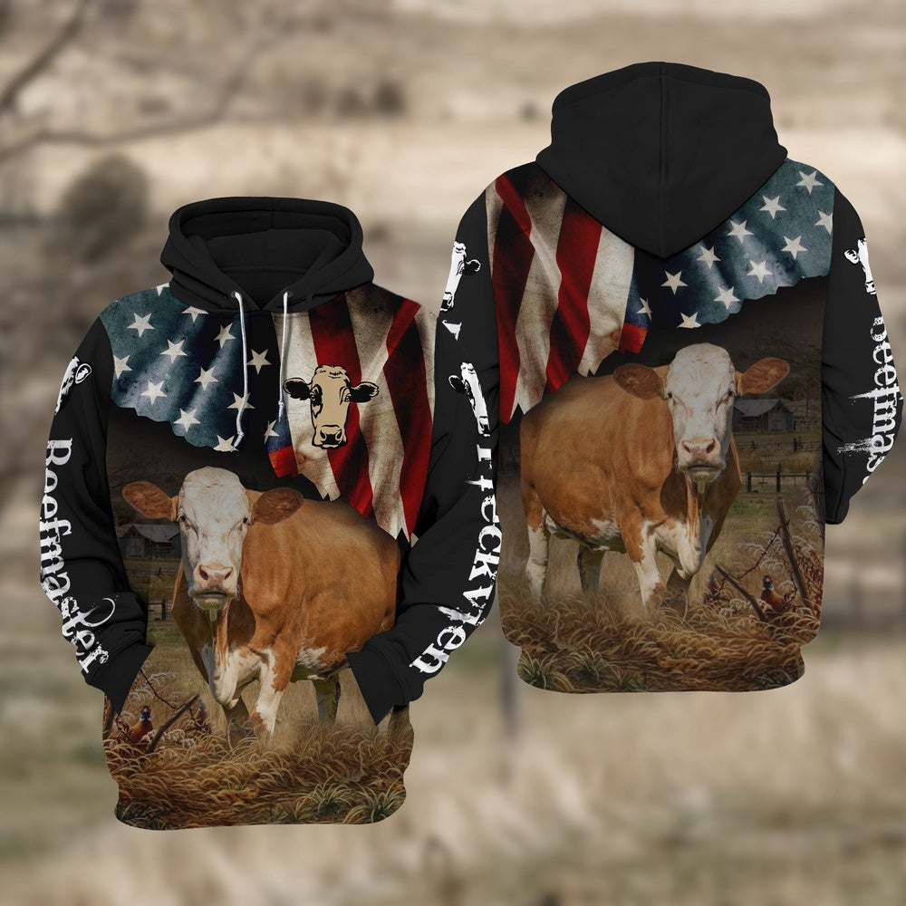 Fleckvieh Cattle US Flag All Over Printed Hoodie TT, Farmer Hoodie, Farm Themed Shirts, Farm Tee Shirts