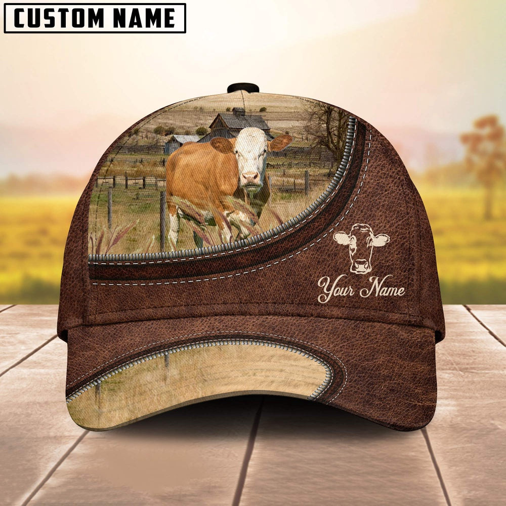 Fleckvieh On The Farm Customized Name Leather Pattern Cap, Farmer Cap, Vintage Farmer Hat, Mens Farmer Hats, Cap For Farmers