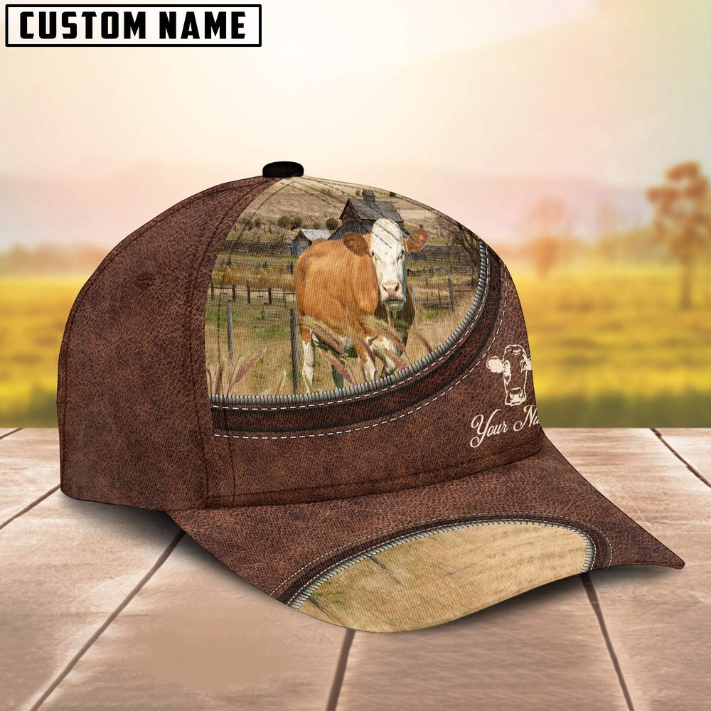 Fleckvieh On The Farm Customized Name Leather Pattern Cap, Farmer Cap, Vintage Farmer Hat, Mens Farmer Hats, Cap For Farmers