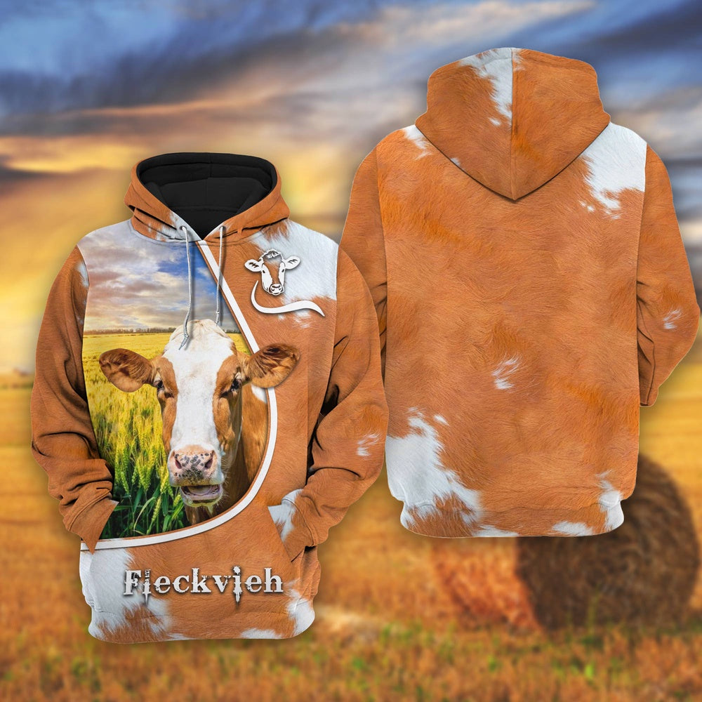 Fleckvieh On The Wheat Field All Over Printed Shirts, Farmer Hoodie, Farm Themed Shirts, Farm Tee Shirts