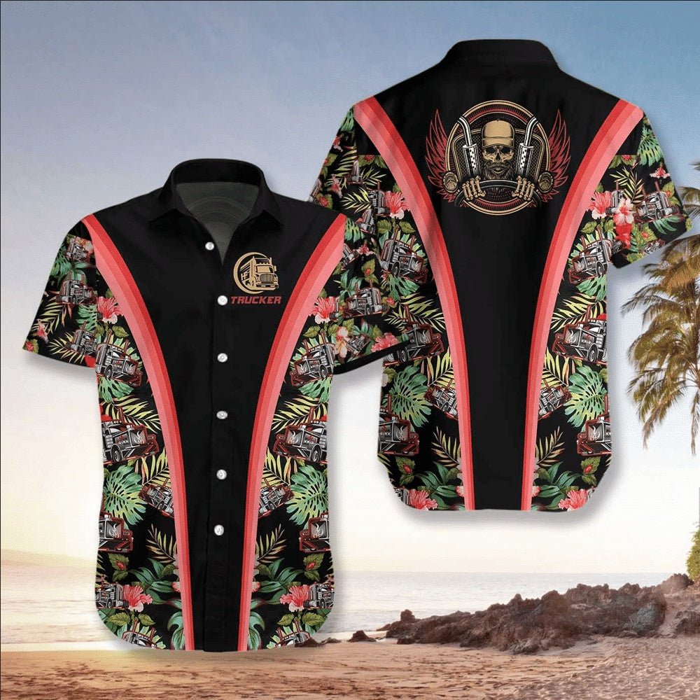 Flower and Skull Trucker Hawaiian Shirt, Farm Hawaiian Shirt, Farmer Hawaii