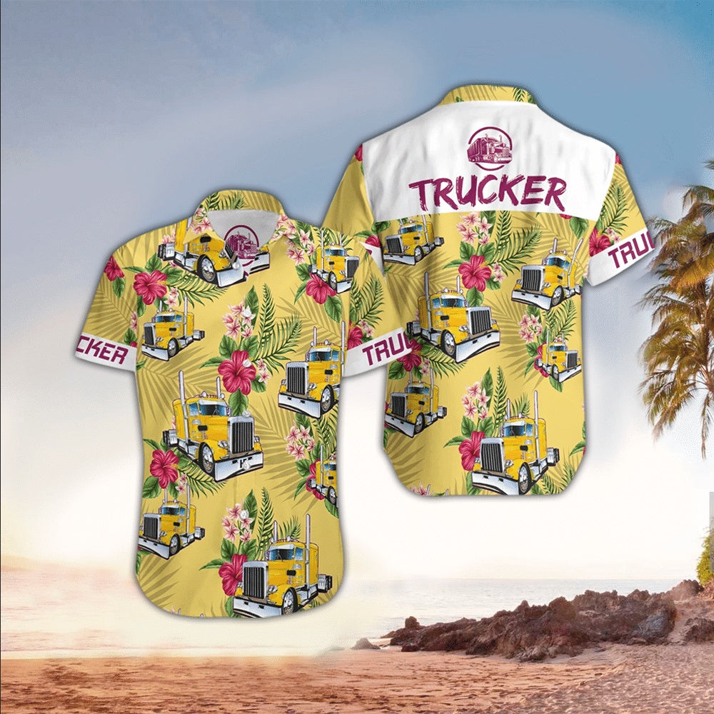 Flowers and Yellow Trucker Hawaiian Shirt, Farm Hawaiian Shirt, Farmer Hawaii