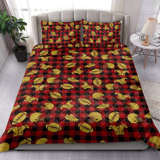 Football Gold Glittermas Red Buffalo Plaid Bedding Set, Christmas Beddings, Xmas Bedding Sets