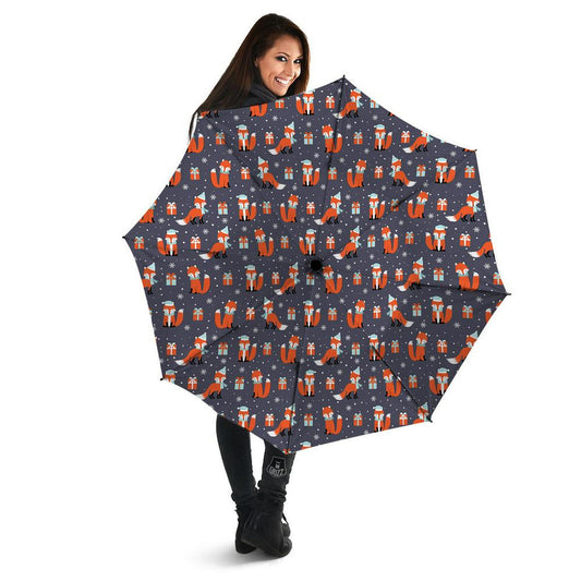 Fox Christmas Print Pattern Umbrella, Christmas Umbrella, Xmas Umbrella