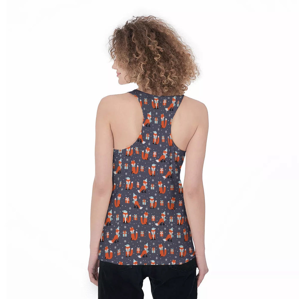 Fox Christmas Print Pattern Women's Racerback Tank Top, Christmas Tank Top, Women Christmas Clothing