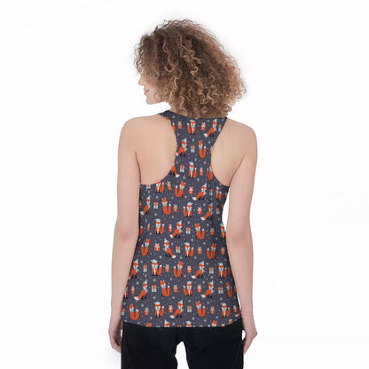 Fox Christmas Print Pattern Women's Racerback Tank Top, Christmas Tank Top, Women Christmas Clothing