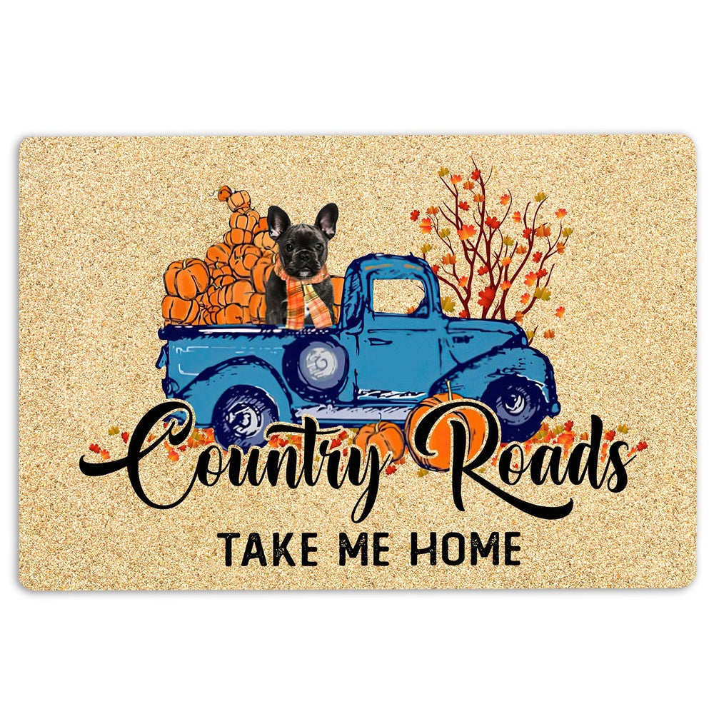 French Bulldog Welcome Doormat, French Bulldog Country Road Take Me Home Fall Pumpkins Autumn Welcome Doormat, Pets Home Decor Door Mat