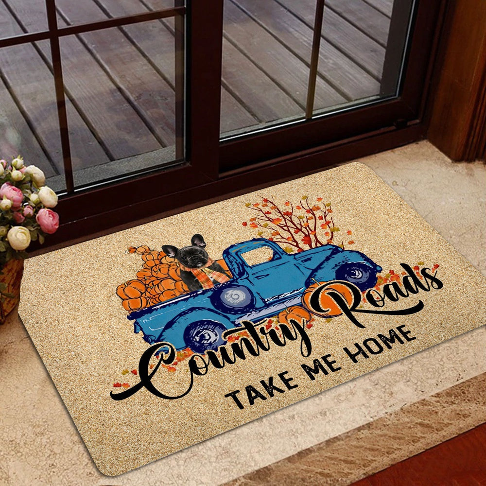 French Bulldog Welcome Doormat, French Bulldog Country Road Take Me Home Fall Pumpkins Autumn Welcome Doormat, Pets Home Decor Door Mat