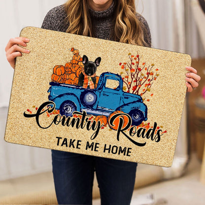 French Bulldog Welcome Doormat, French Bulldog Country Road Take Me Home Fall Pumpkins Autumn Welcome Doormat, Pets Home Decor Door Mat