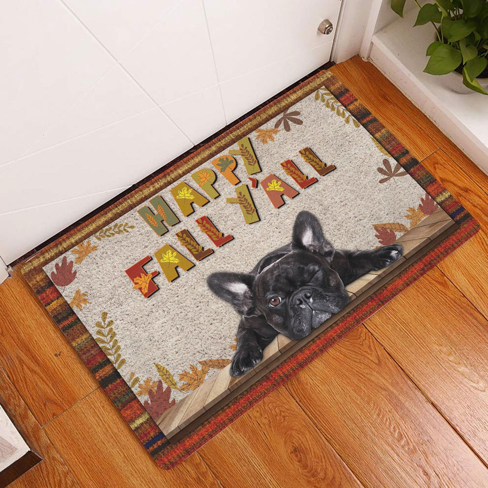 French Bulldog Welcome Doormat, French Bulldog Dog Happy Fall Y'all Pumpkin Spice Maple Leaf Welcome Doormat, Pets Home Decor Door Mat