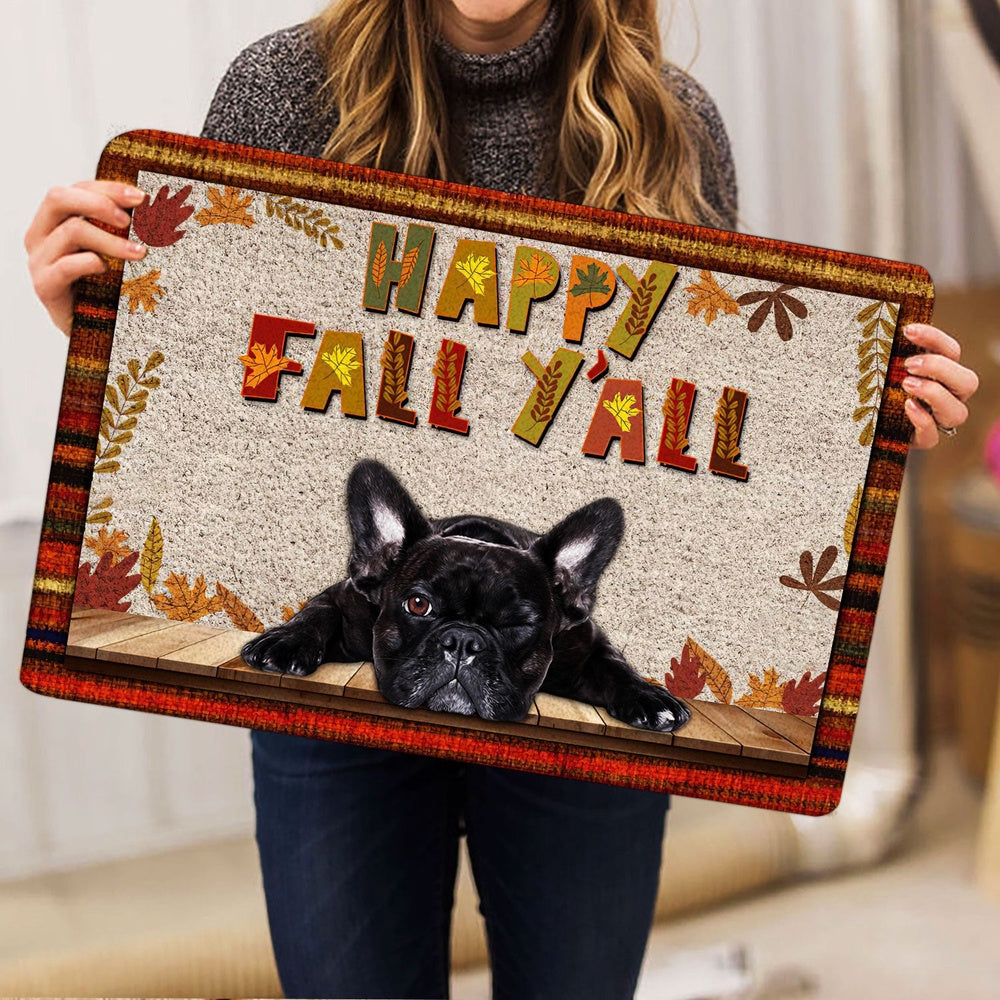 French Bulldog Welcome Doormat, French Bulldog Dog Happy Fall Y'all Pumpkin Spice Maple Leaf Welcome Doormat, Pets Home Decor Door Mat